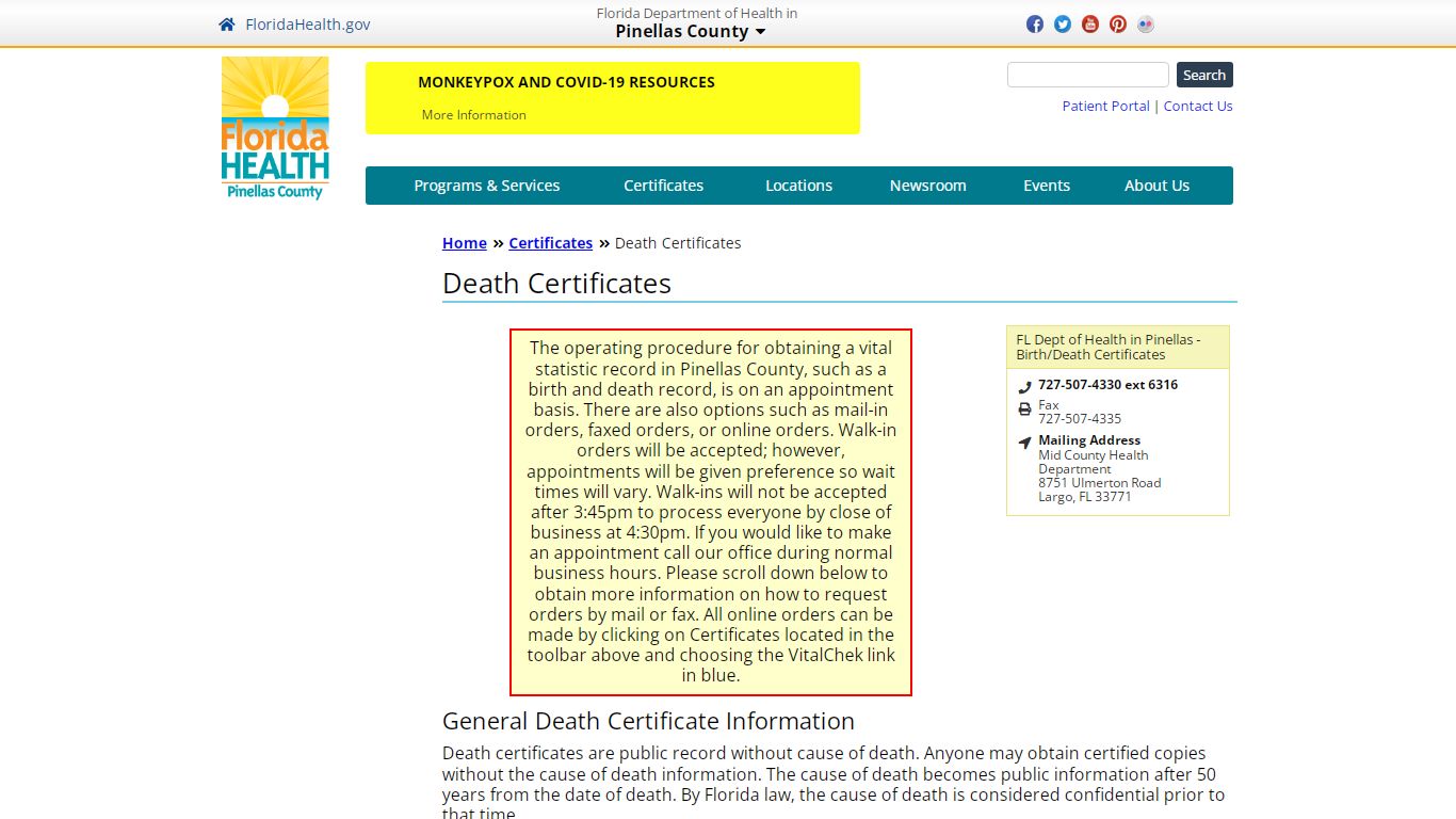 Death Certificates | Florida Department of Health in Pinellas
